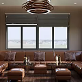 Modern Living Room Interior With Leather Sofa Coffee Table And Chandelier