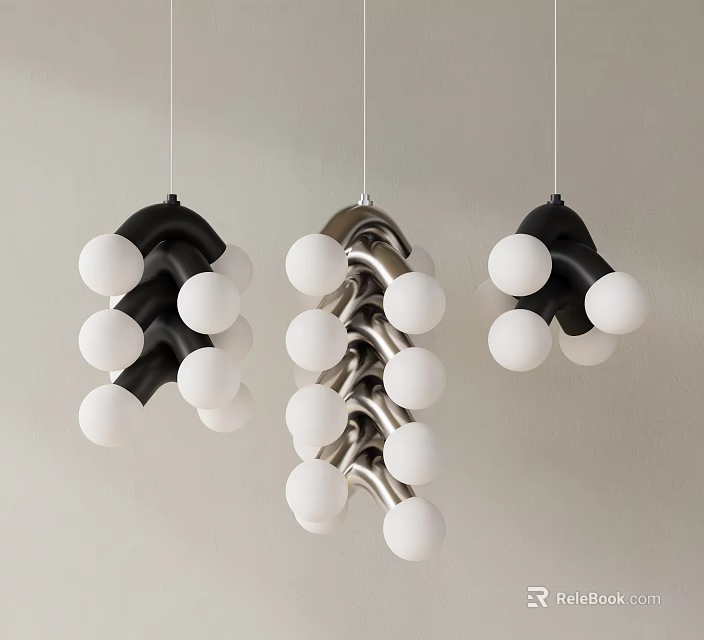Modern Stylish Chandeliers With Black Silver Frames And White Globe Balls 3d model