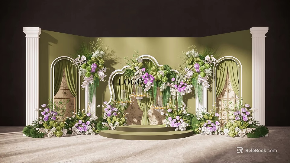 Elegant Floral Installation with Purple White Flowers Green Foliage Arched White Frames on Green Backdrop 3d model 