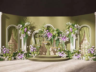 Elegant Floral Installation with Purple White Flowers Green Foliage Arched White Frames on Green Backdrop 3d model