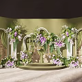 Elegant Floral Installation with Purple White Flowers Green Foliage Arched White Frames on Green Backdrop