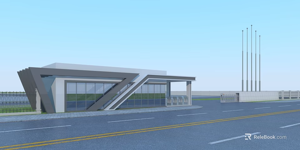 Modern Building Featuring Large Glass Windows Sloped Entrance Lamp Posts And Road 3d model 