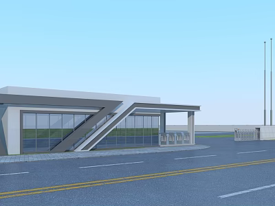 Modern Building Featuring Large Glass Windows Sloped Entrance Lamp Posts And Road 3d model