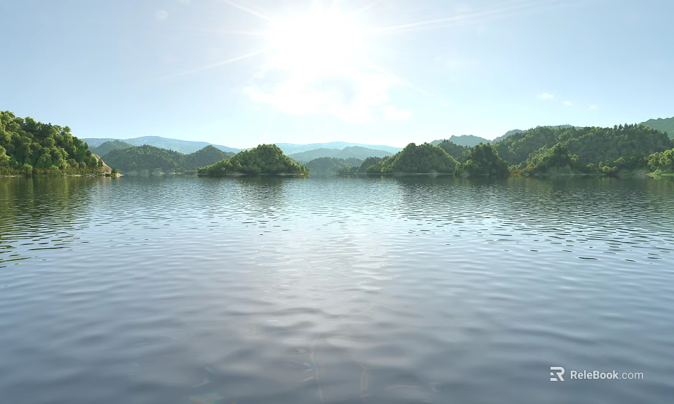 Scenic Calm Lake With Green Islands And Distant Mountains Under Bright Sunshine And Blue Sky 3d model 