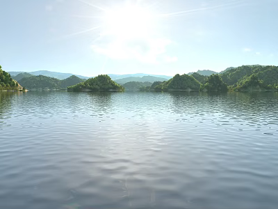 Scenic Calm Lake With Green Islands And Distant Mountains Under Bright Sunshine And Blue Sky 3d model