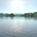 Scenic Calm Lake With Green Islands And Distant Mountains Under Bright Sunshine And Blue Sky