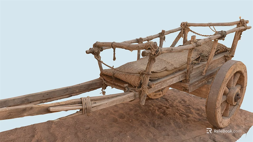 Ancient Wooden Cart With Ropes And Straw Mat On Desert Sand 3d model 