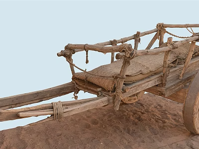Ancient Wooden Cart With Ropes And Straw Mat On Desert Sand 3d model