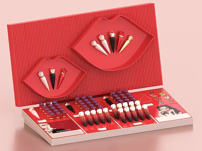 Red Makeup Display With Lip Shaped Holders And Various Lipsticks 3d model