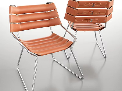 Two Modern Orange Striped Leather Chairs With Sleek Metal Frame Design 3d model