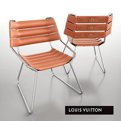 Two Modern Orange Striped Leather Chairs With Sleek Metal Frame Design 3d model