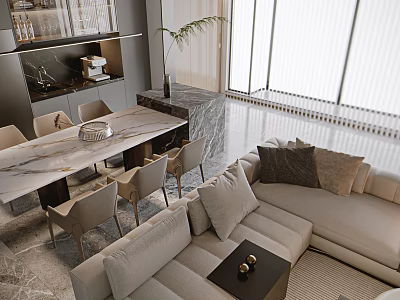 Modern Living and Dining Room Interior With Sofa Dining Table Chairs And Natural Light 3d model