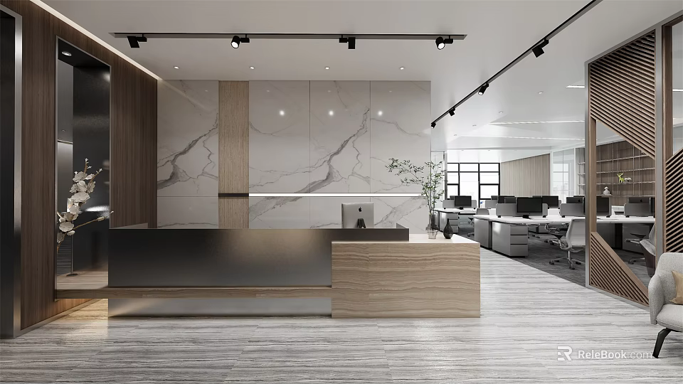 Modern Office Reception Desk With Marble Wall Wooden Elements And Spacious Interior 3d model 