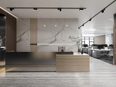 Modern Office Reception Desk With Marble Wall Wooden Elements And Spacious Interior 3d model