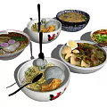 Assorted Asian Noodle Soups with Egg Meatballs and Vegetables in Decorative Bowls