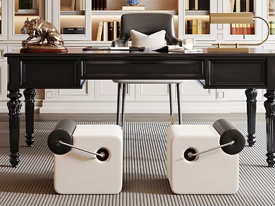Classic Black Desk with Gray Chair and White Footstools Brass Sculpture and Table Lamp 3d model
