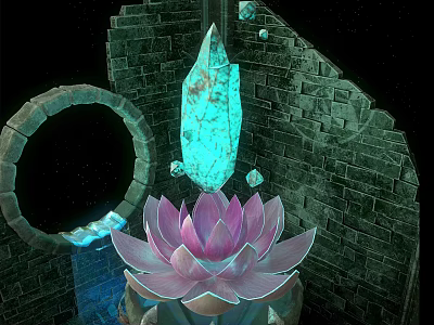 Exquisite Pink Lotus Flower and Blue Crystal Garden Ornament with Circular Stone Archway 3d model