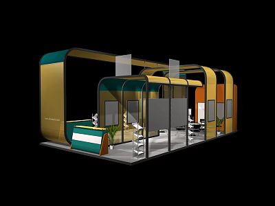 Modern Curved Exhibition Booth Design With Colorful Panels Glass Walls And Display Area 3d model