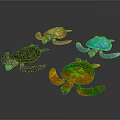 Colorful Sea Turtles With Vibrant Shells And Flippers On Dark Background