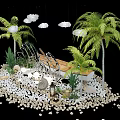 Tropical Decorative Scene With Blue Waves Palm Trees Green Plants And Small Boat