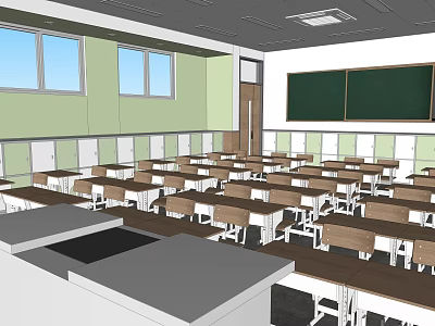 School Classroom Interior With Desks Chairs Blackboard Green Walls And Windows 3d model