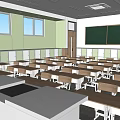 School Classroom Interior With Desks Chairs Blackboard Green Walls And Windows