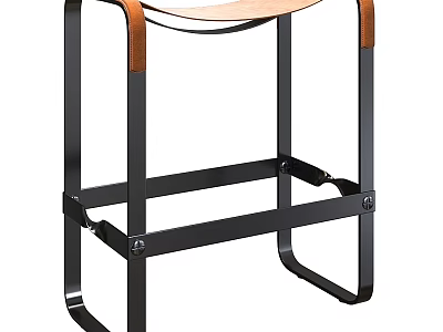 Modern Single Bar Stool with Black Metal Frame and Brown Wooden Seat Design 3d model