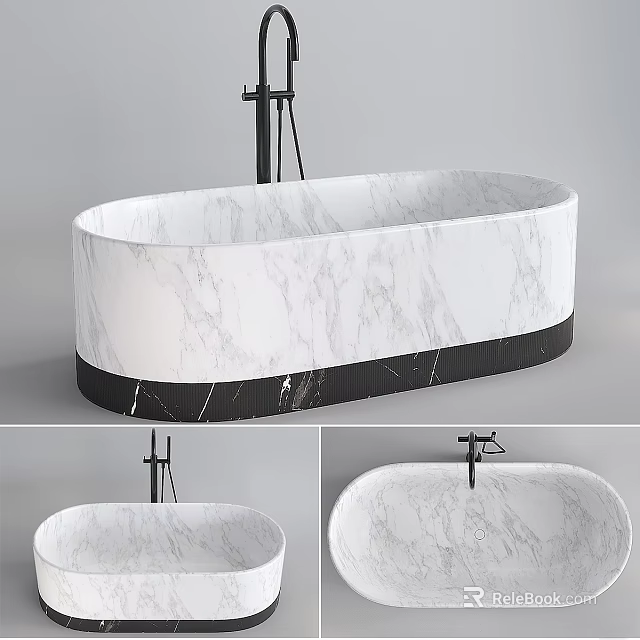 Modern White Marble Bathtub With Gray Veins Black Base And Faucet 3d model 
