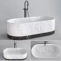 Modern White Marble Bathtub With Gray Veins Black Base And Faucet