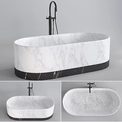 Modern White Marble Bathtub With Gray Veins Black Base And Faucet 3d model