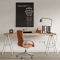 Modern Wooden Desk Setup With Orange Chair Desk Lamp Books And Wall Poster