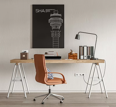 Modern Wooden Desk Setup With Orange Chair Desk Lamp Books And Wall Poster 3d model