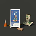 Fried Chicken Billboard With Cartoon Character Traffic Cone Sacks And Brick