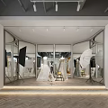 Wedding Dress Store Glass Window Display with Bridal Gowns Photography Lights and Wooden Flooring