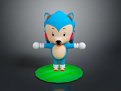 Blue Cartoon Hedgehog Character With White Gloves Red Shoes On Green Base 3d model