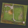 Fortress Courtyard Model Featuring Red Brick Walls Green Lawn Pathway and Tower