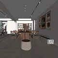Warm Modern Dining Living Room Interior With Wooden Table Chairs Bookshelf And Fireplace
