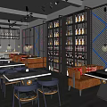 Modern Bar Interior With Wine Racks Neon Lights Leather Sofas Tables And Chairs 3d model