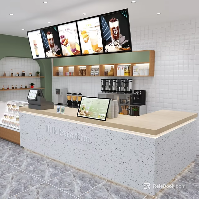 Modern Cafe Interior With Counter Digital Menu Screens And Coffee Machines 3d model 