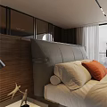 Modern Bedroom Double Bed with Gray Headboard Orange Cushions Floor Lamp Large Window View Rug