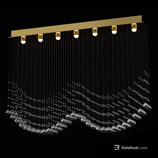 Modern Luxury Chandelier With Golden Base Multiple Bulbs Black Hanging Strings And Crystal Decorations 3d model 
