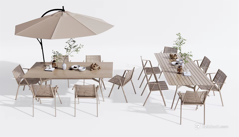Outdoor Wooden Table And Rattan Chairs Set With Beige Umbrella And Decorative Vases 3d model 