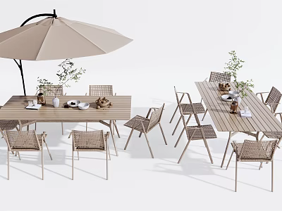 Outdoor Wooden Table And Rattan Chairs Set With Beige Umbrella And Decorative Vases 3d model