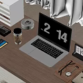 Silver Laptop on Wooden Office Desk with Coffee Cup Calendar Eyeglasses and Mobile Phone