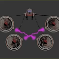 Four Red And Silver Turbine Engines Connected With Pink Markers On Gray Background With Reflections