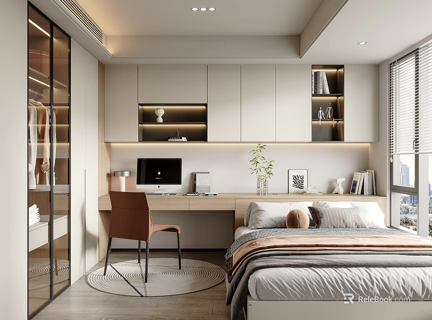 Modern Tatami Bedroom Interior With Desk Chair Bookshelf And Green Plant 3d model 