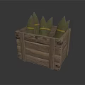 Wooden Crate Holding Green Conical Objects Featuring Yellow Stripes