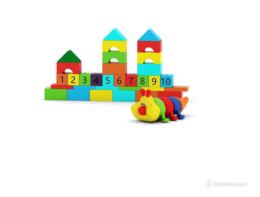Colorful Children's Building Blocks with Numbers 1 to 9 and 0 Tower and Yellow Caterpillar 3d model 