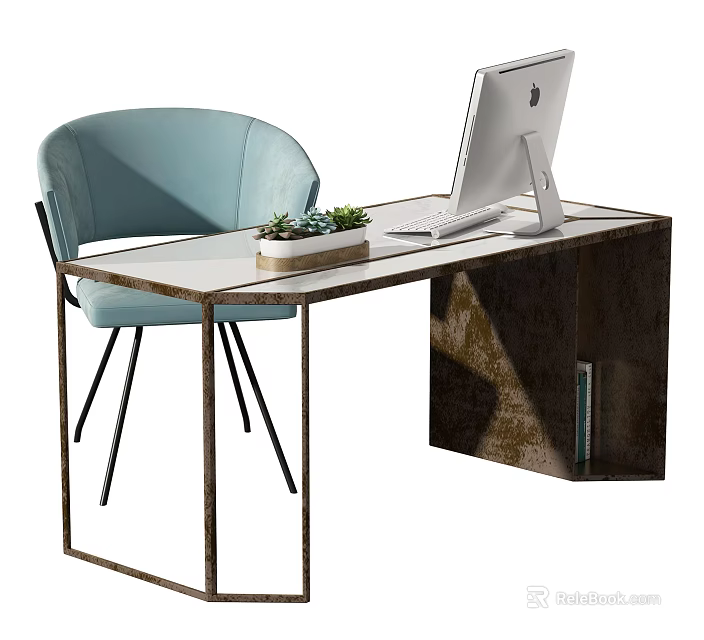 Modern Desk With Metal Frame Light Colored Top Apple Computer And Light Blue Chair 3d model 