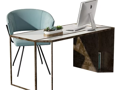 Modern Desk With Metal Frame Light Colored Top Apple Computer And Light Blue Chair 3d model